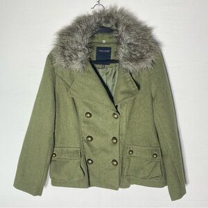 Therapy By Lane Crawford Green Double Breasted Pea Coat W Faux Fur Collar L